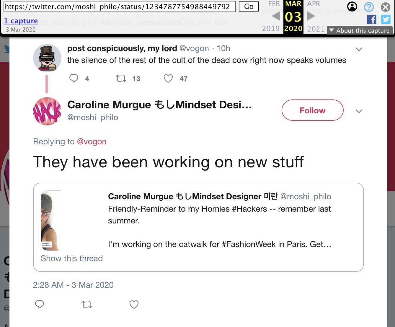 3 Mar 2020 tweet from @moshi_philo: They have been working on new stuff [in response to a 2 Mar 2020 tweet from @vogon: the silence of the rest of the cult of the dead cow right now speaks volumes]